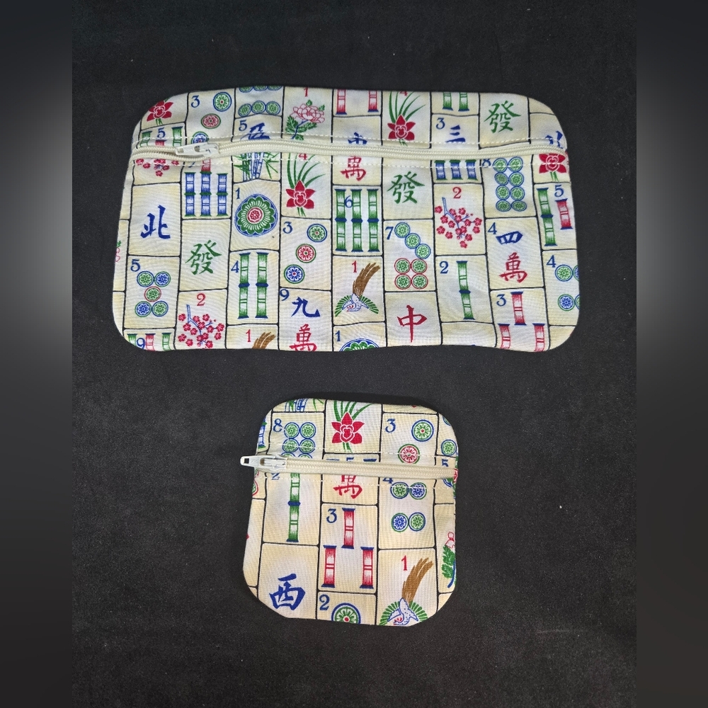 Mahjong Print Zip Pouches in Cream - Compact Storage Set